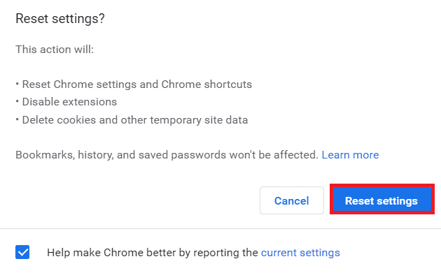 haga clic en Restablecer configuración.  Arreglar Google Chrome que no se actualiza