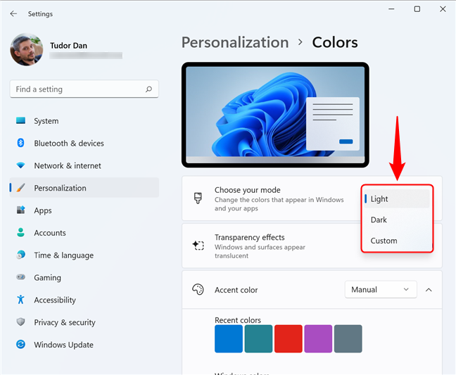 Cambiar entre el modo oscuro y el modo claro en Windows 11