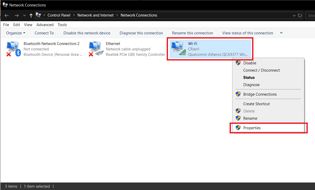 Haga clic derecho en el nombre de su conexión de red de Internet y seleccione Propiedades.