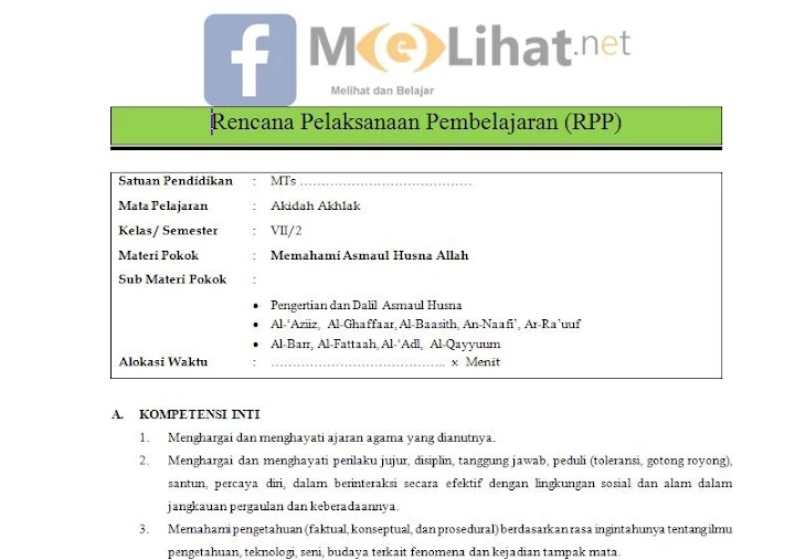 RPP Akidah Akhlak MTs Kurikulum 2013 Kelas VII-7 Terbaru