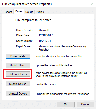 il driver di rollback per il driver del touch screen compatibile HID per risolvere il problema del touch screen non funziona