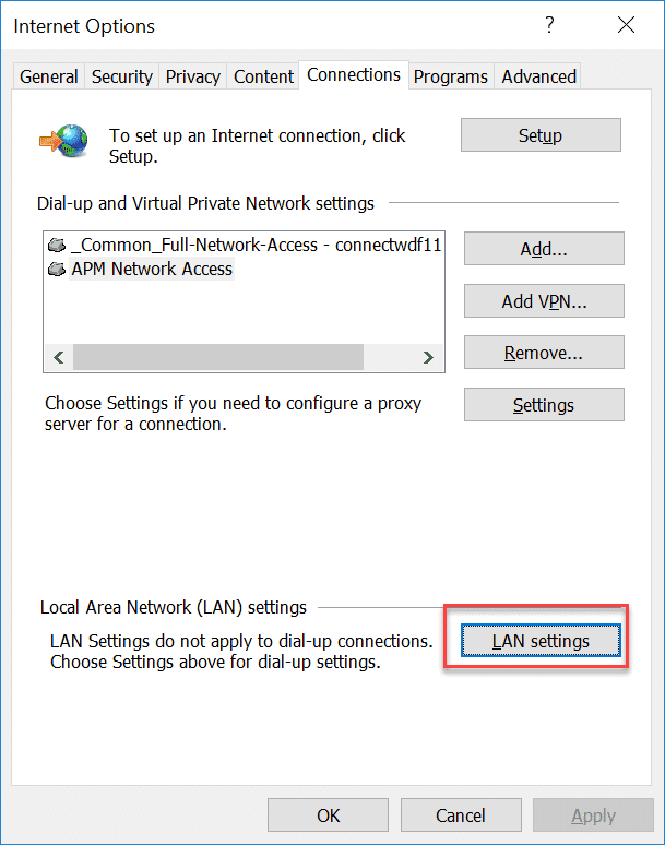 Passa alla scheda Connessioni e fai clic su Impostazioni LAN