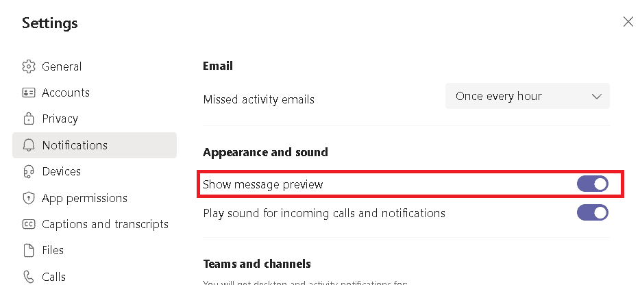 Disattiva l'opzione Mostra anteprima messaggio in Notifiche |  Come impedire a Microsoft Teams di apparire su Windows 10