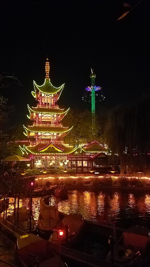 The Japanese pagoda seen in the evening while visiting Tivoli Amusement park