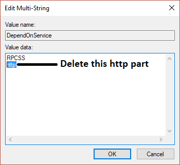 Supprimer la partie http dans la clé de registre DependOnService