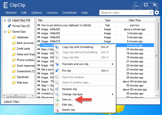 Item opslaan in klembordmap in ClipClip