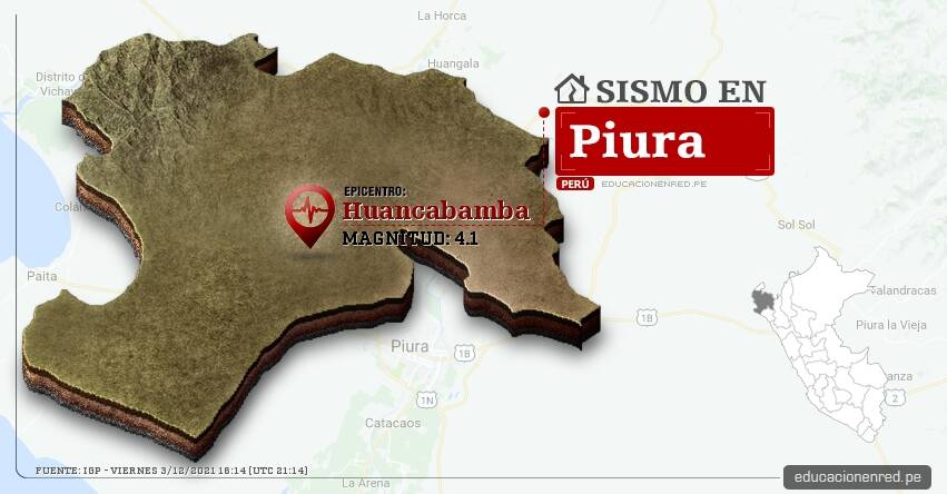 Temblor en Piura de Magnitud 4.1 (Hoy Viernes 3 Diciembre 2021) Sismo - Epicentro - Huancabamba - IGP - www.igp.gob.pe