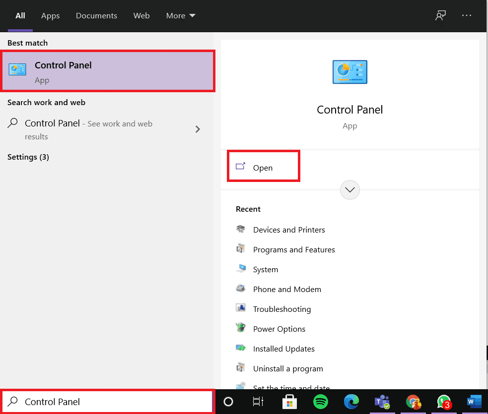 Tapez Panneau de configuration dans la barre de recherche et cliquez sur Ouvrir |  Fix USB continue de se déconnecter et de se reconnecter à Windows 10