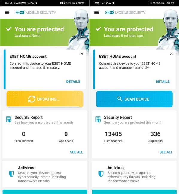 ESET обновляет свою базу данных и запускает первое сканирование системы.