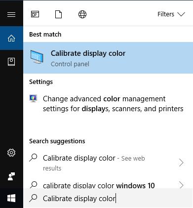 Do vyhledávacího pole Windows zadejte Calibrate Display Color |  2 způsoby, jak změnit rozlišení obrazovky v systému Windows 10