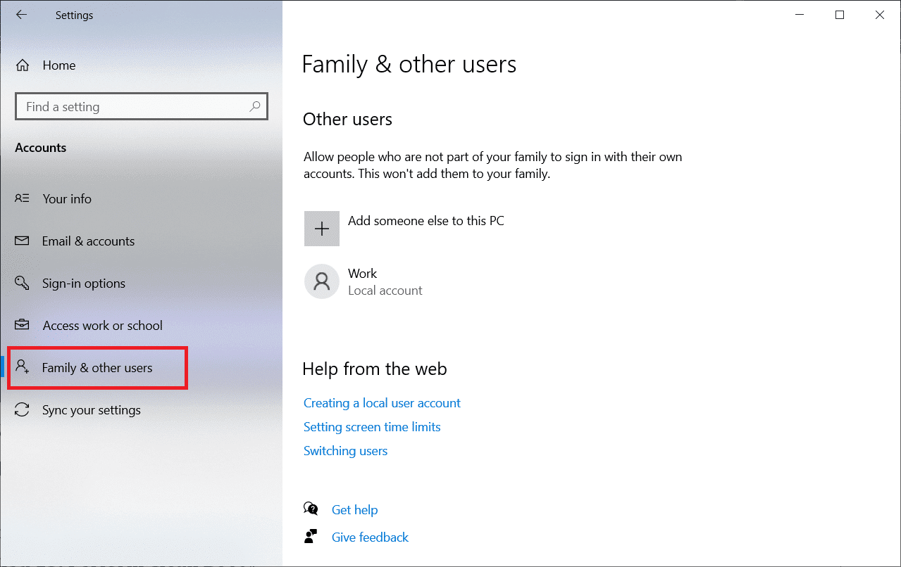 Klik op Familie en andere gebruikers in het linkerdeelvenster.  Fix Windows Error 0 ERROR_SUCCESS de bewerking is succesvol voltooid