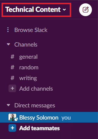 Fare clic sulla freccia giù accanto al nome dell'area di lavoro.  Come inviare GIF in Slack