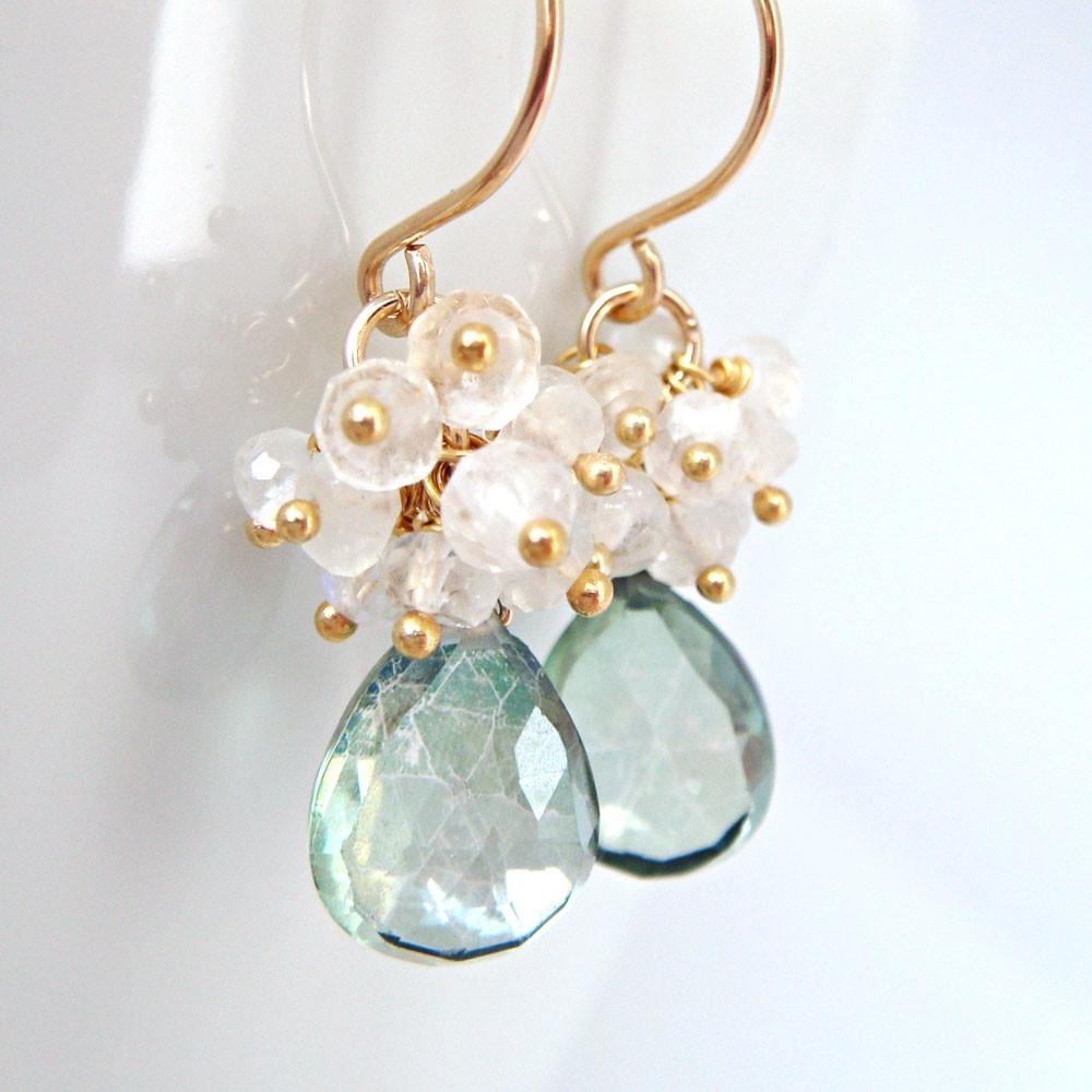 Teal Green Quartz Moonstone Earrings in 14k Gold Fill, Gemstone Clusters,