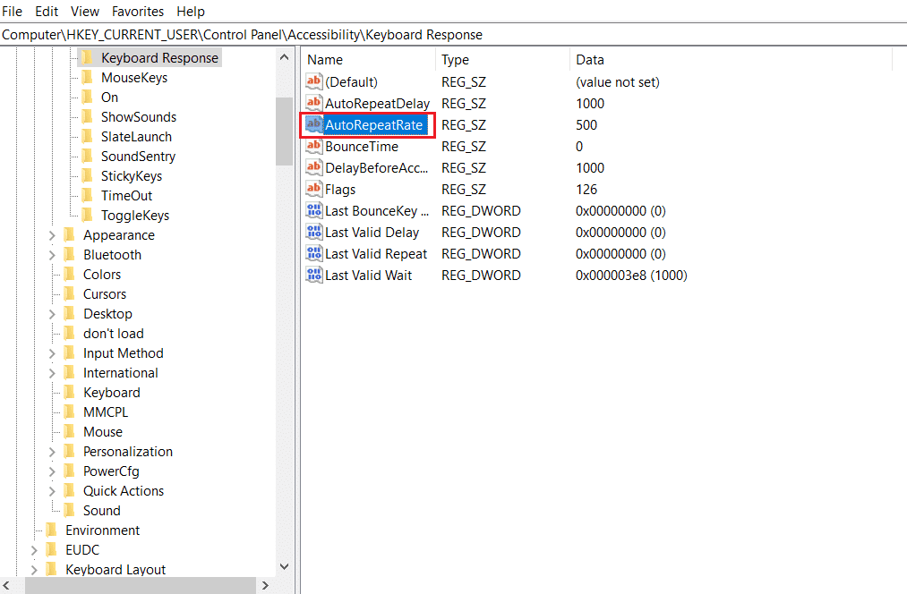 dubbelklik op autorepeatrate string in de Register-editor.  Dubbel typen van mechanisch toetsenbord repareren