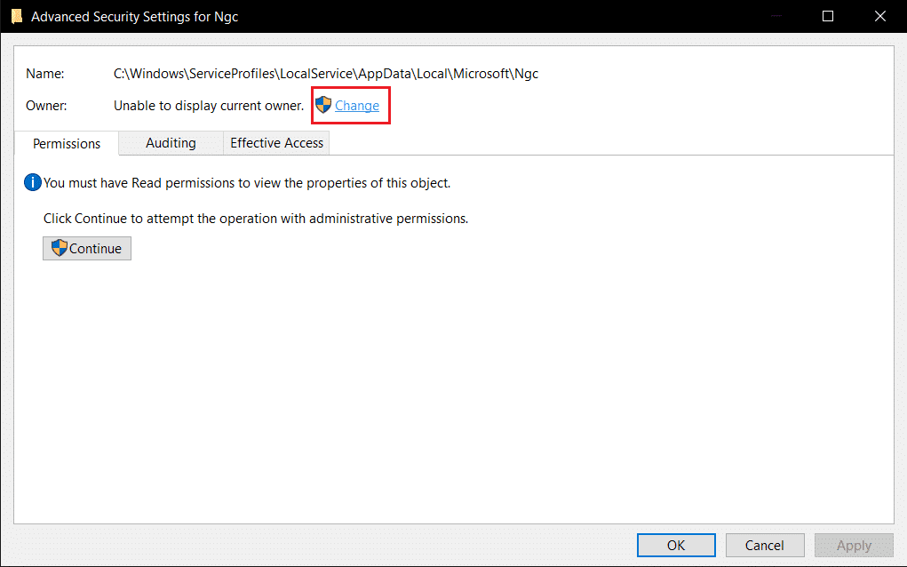 haga clic en la opción Cambiar en Configuración de seguridad avanzada para la carpeta Ngc