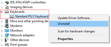 Haga clic derecho en su dispositivo de teclado y seleccione Desinstalar