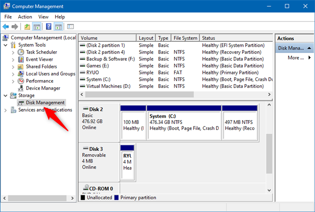 Gestion des disques dans la gestion de l'ordinateur