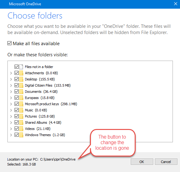 El botón Cambiar se ha ido de OneDrive