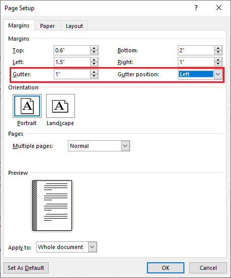 Klik op de pijlknop omhoog om een ​​beetje gootruimte toe te voegen en selecteer de gootpositie in de aangrenzende vervolgkeuzelijst.