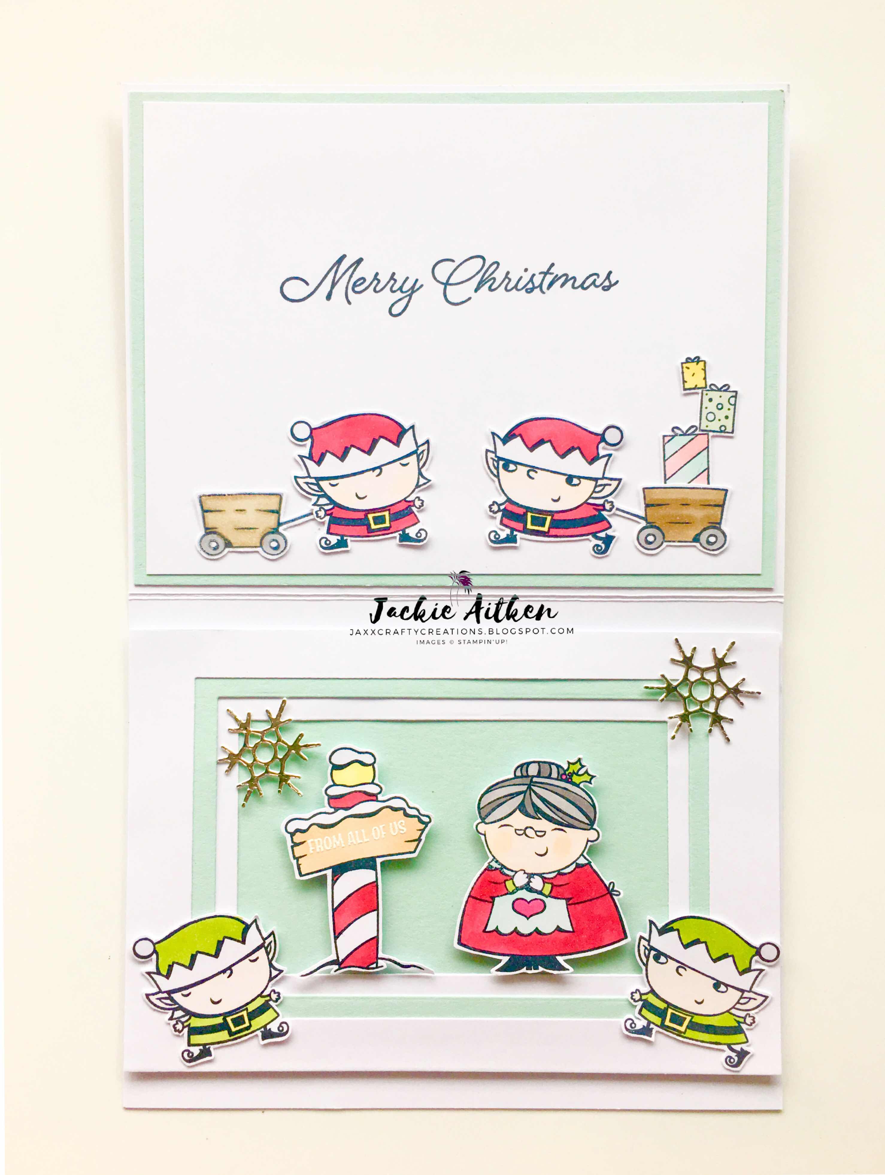 stampin up signs of santa stamp set, christmas card, elves, mrs claus, tunnel fold, jaxxcraftycreations