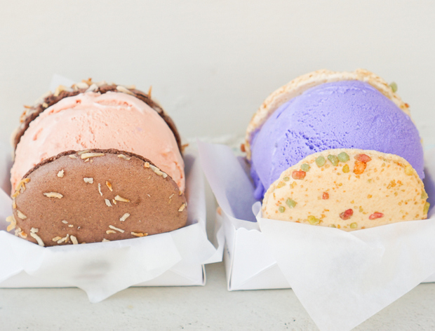 photo of two macaron ice cream sandwiches