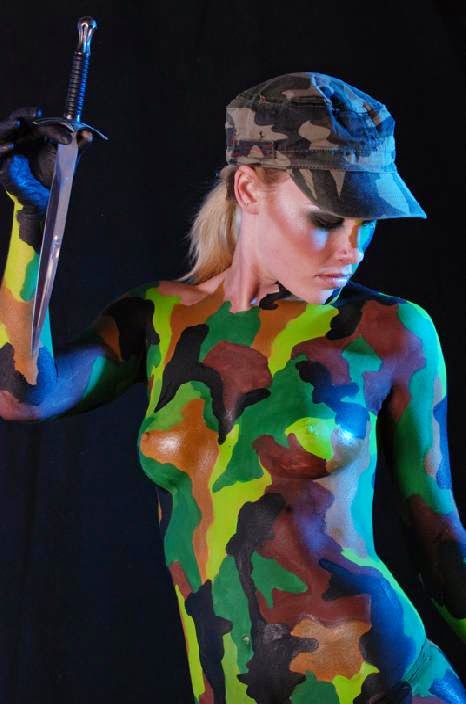 Camouflage commando body paint.