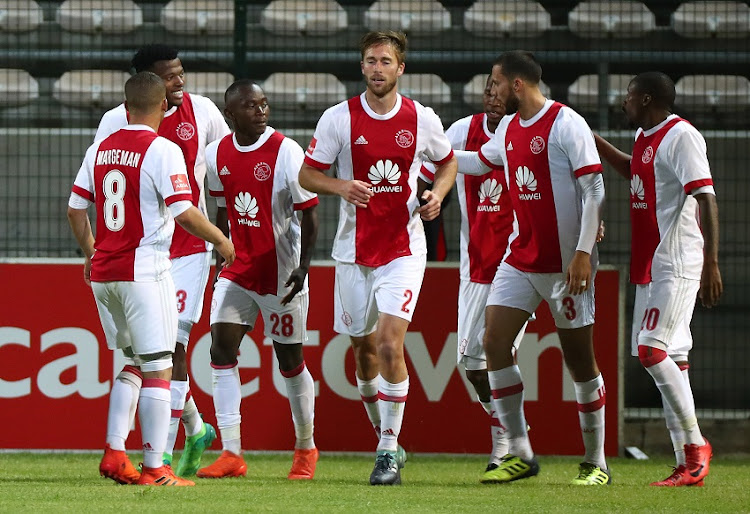 Masilake Phohlongo of Ajax Cape Town celebrates goal with teammates during the Absa Premiership 2017/18 football match between Ajax Cape Town and AmaZulu at Athlone Stadium, Cape Town on 25 November 2017.