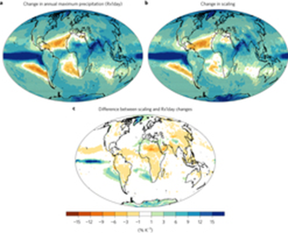 Map showing forced changes in precipitation extremes and scaling. a,b: Multi-model mean fractional changes in annual maximum precipitation Rx1day (a) and precipitation extremes scaling (b) per K global warming (in % K−1) derived from a linear regression for the period 1950–2100. Stippling indicates th… Graphic: Pfahl, et al., 2017 / Nature Climate Change