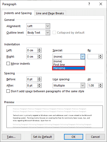 Fenêtre Paragraphe, onglet Retraits et espacement.  Comment créer un retrait suspendu dans Word et Google Docs