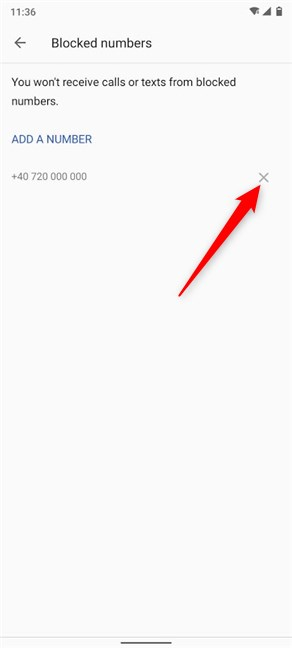 Appuyez sur le X à côté d'un numéro pour le supprimer des numéros bloqués