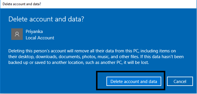 L'eliminazione dell'account di questa persona rimuoverà tutti i suoi dati da questo PC.