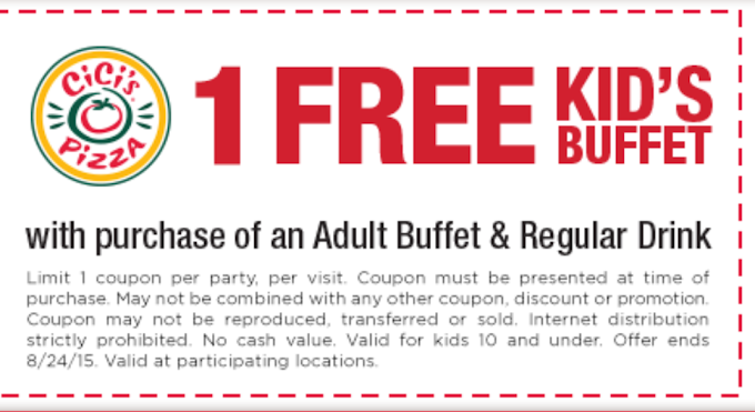 #CiCis #Pizza #Coupon for a #Free Kids #Buffet Exp 8/24