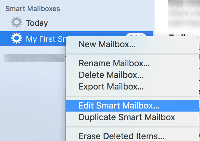 Right-click menu with Edit Smart Mailbox selected 