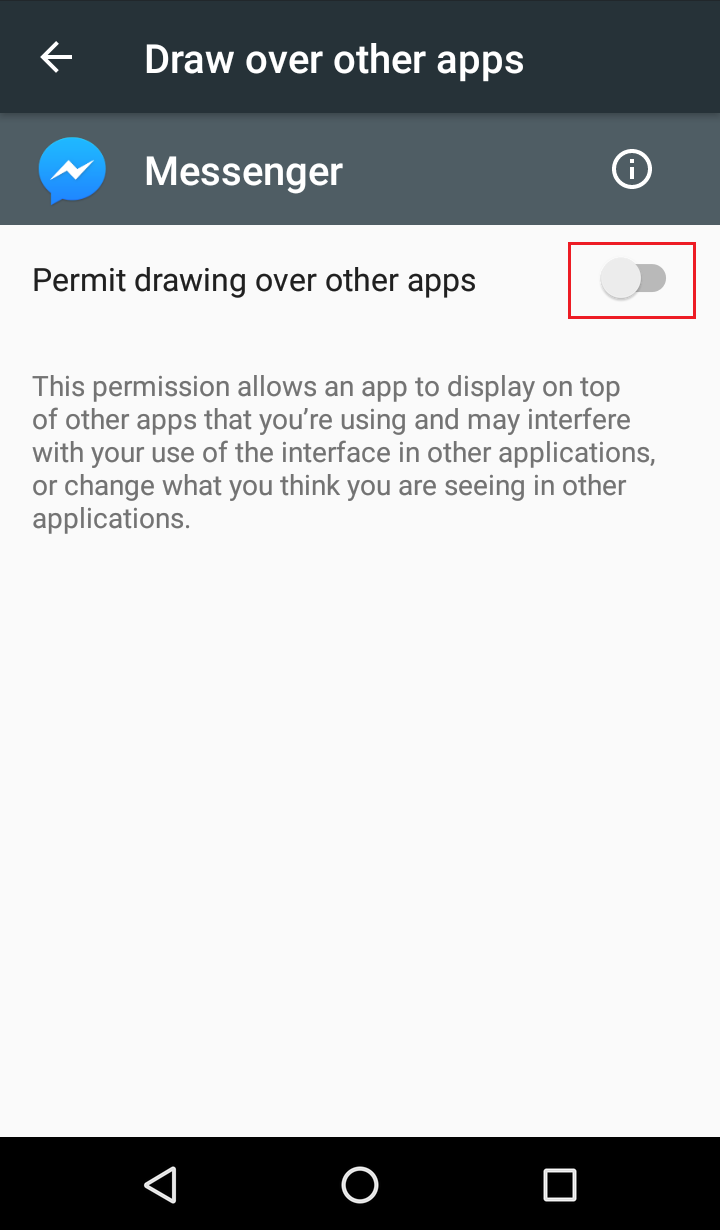 Disattiva l'interruttore accanto a Consenti il ​​disegno su altre app