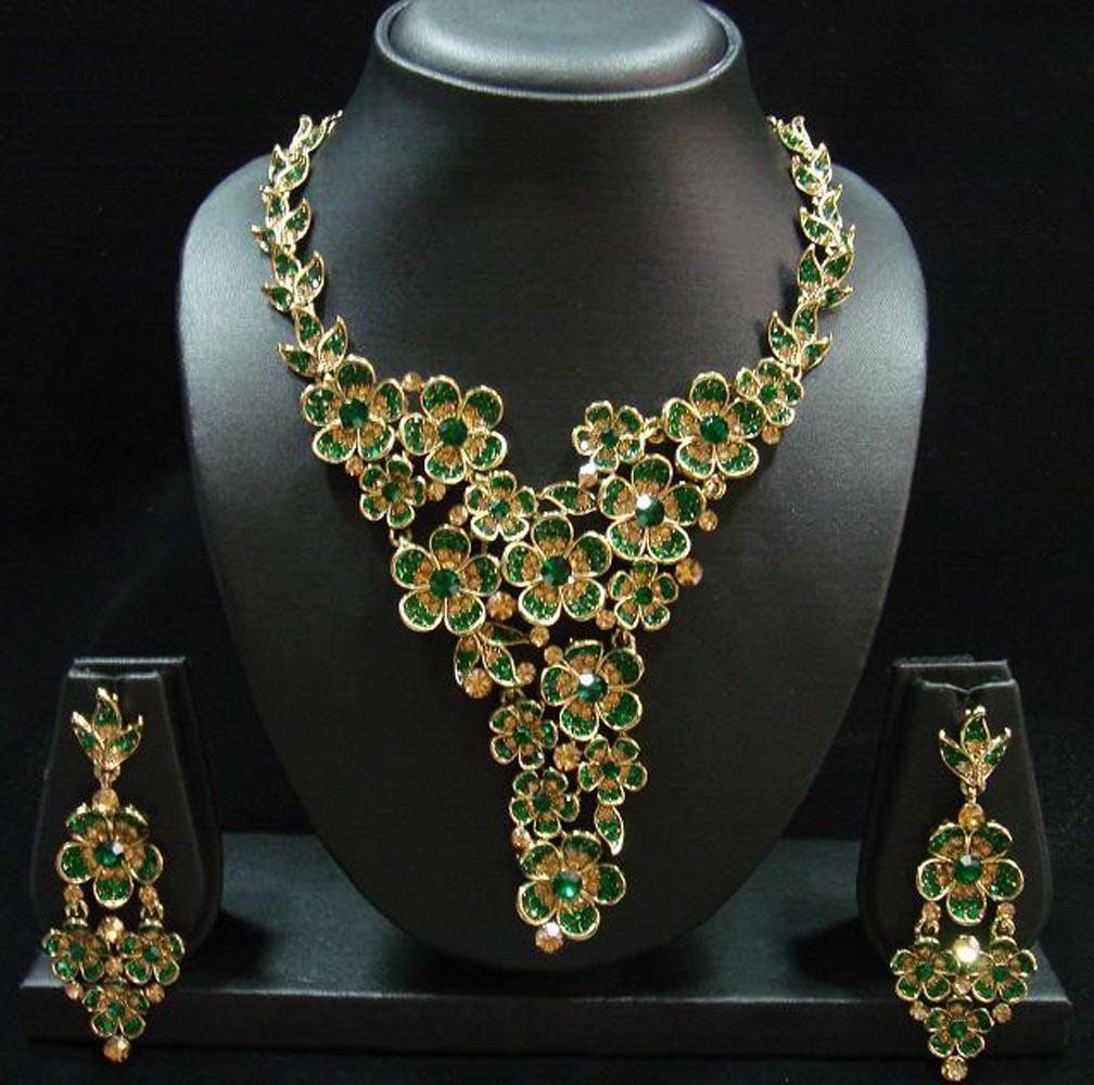 Alluring Green Necklace Set, Diamond Jewelry, Bridal Wedding Jewelry, Indian