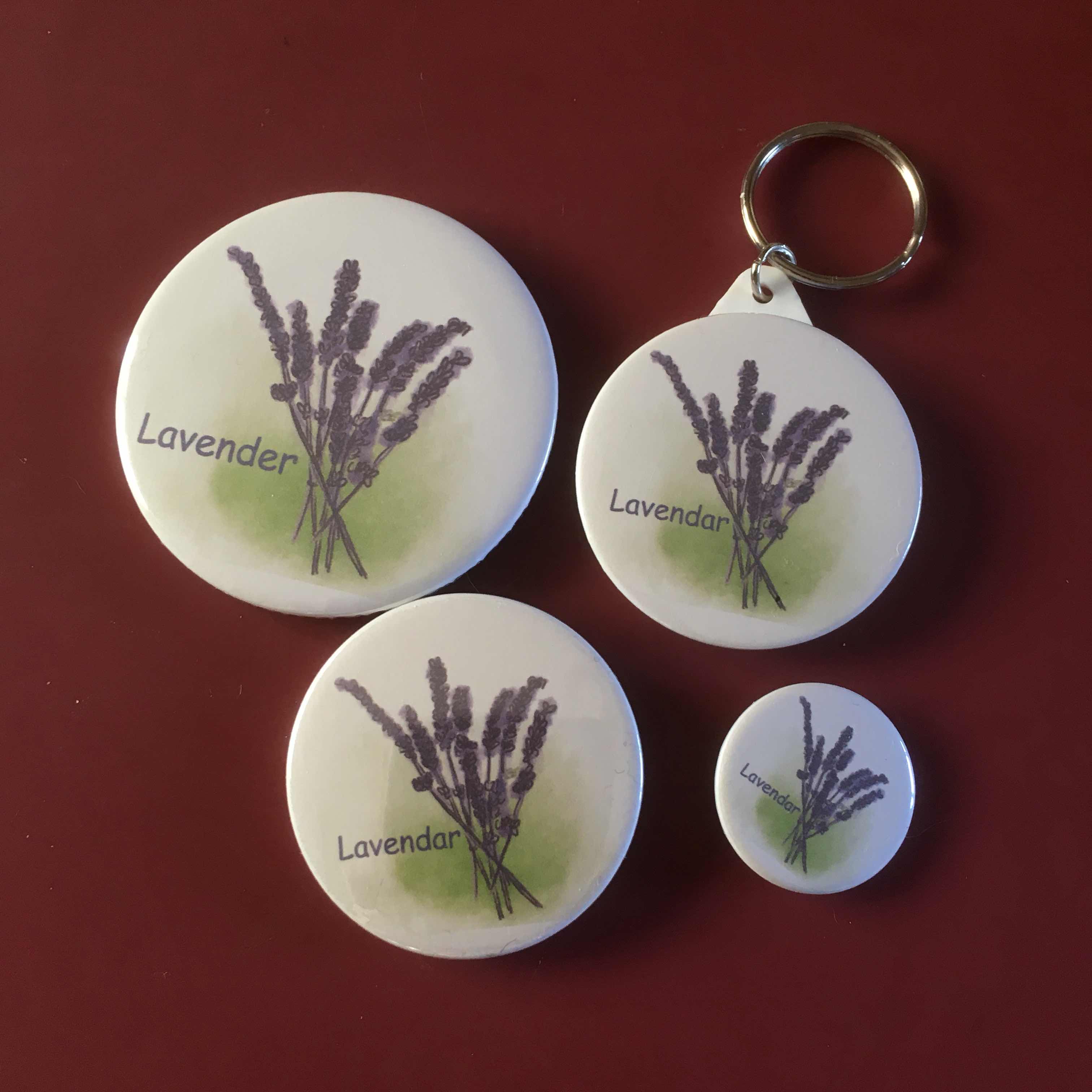 lavender, badge, keyring. mirror