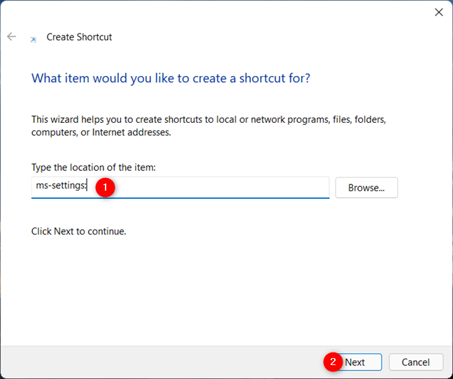 フィールドにms-settings：と入力し、[次へ]を押します