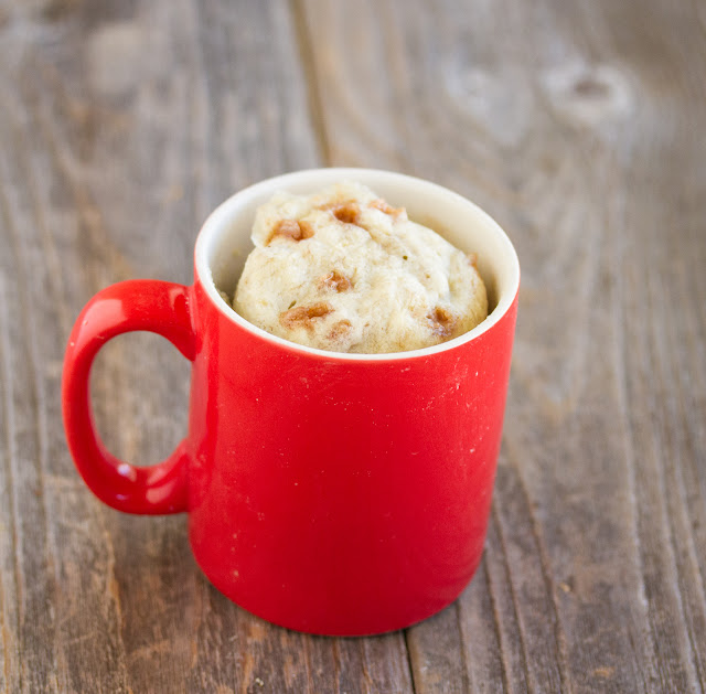 Banana Cinnamon Chip Mug Cake in a red mug