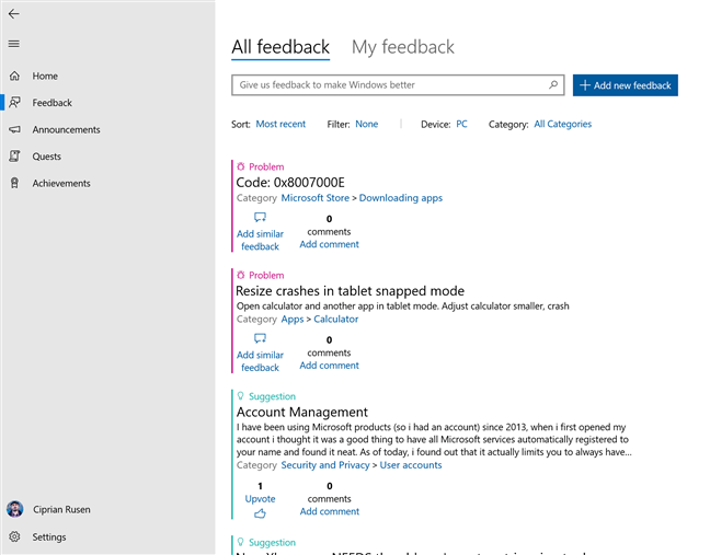 ข้อบกพร่องที่รายงานโดยผู้ใช้ใน Feedback Hub