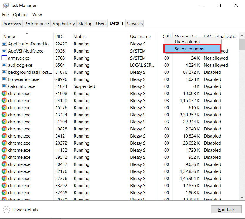 Haga clic derecho en cualquier columna y seleccione Seleccionar columnas |  ¿Cuánta VRAM tengo en Windows 10?