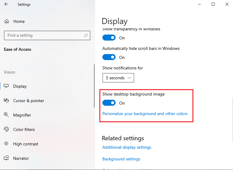 faites défiler vers le bas pour activer la bascule pour l'option "Afficher l'image d'arrière-plan du bureau".