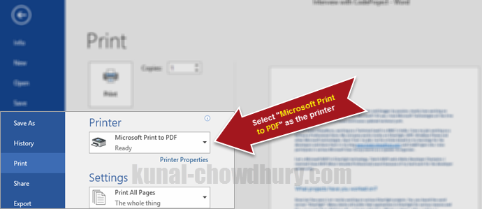 While printing in Windows 10, select Microsoft Print to PDF (www.kunal-chowdhury.com)