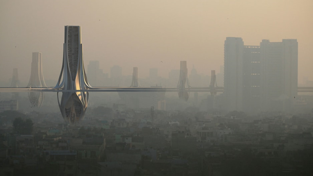 A rendering of a smog-filled Delhi with 328 feet-high filter towers. The award-nominated proposal, called 'The Smog Project', is a provocative look at how the city could alleviate its pollution problem. Graphic: Znera Space / R-Code