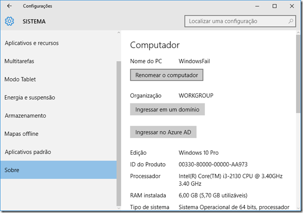 Clique em Sobre, depois clique em Renomear o computador