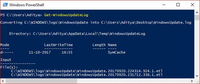 Esegui il comando Ottieni WindowsUpdateLog in PowerShell