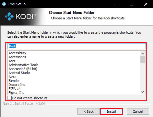 sélectionnez le dossier du menu Démarrer et cliquez sur installer dans la fenêtre d'installation de Kodi