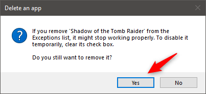 Xác nhận việc xóa ứng dụng khỏi danh sách quy tắc tường lửa