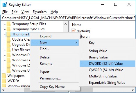 Klik met de rechtermuisknop op Miniatuurcache en selecteer vervolgens Nieuw en DWORD (32-bits) waarde, noem dit als Autorun