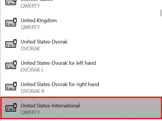 목록을 스크롤하여 United States-International 옵션을 선택하십시오.