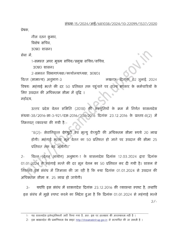 महंगाई भत्ते की दर 50 प्रतिशत तक पहुंचने पर राज्य सरकार के कर्मचारियों के लिए उपदान की अधिकतम सीमा में वृद्धि